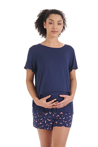 Herzmutter Pijama Corto para Embarazadas - Pijama de Lactancia Corto - Pijama de enfermería - Pijama de Maternidad - 2650 (M, Azul/Plumas)