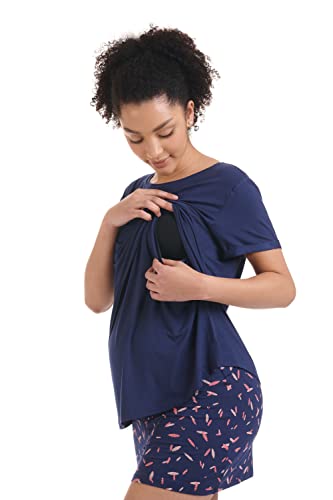 Herzmutter Pijama Corto para Embarazadas - Pijama de Lactancia Corto - Pijama de enfermería - Pijama de Maternidad - 2650 (M, Azul/Plumas)