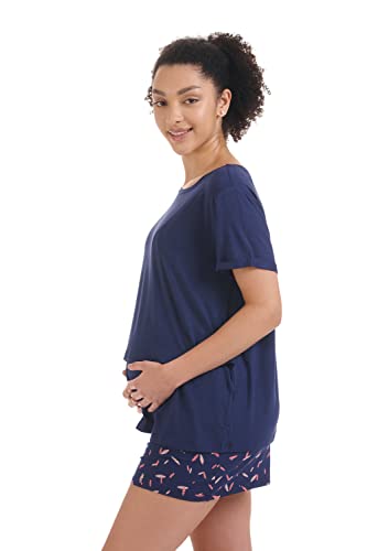 Herzmutter Pijama Corto para Embarazadas - Pijama de Lactancia Corto - Pijama de enfermería - Pijama de Maternidad - 2650 (M, Azul/Plumas)