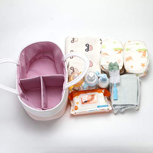 Hinwo - Carrito pañales para bebé 3 compartimentos, contenedor almacenamiento guardería, organizador portátil coche, cesta regalo ducha recién nacidos, cuerda algodón divisor desmontable pañales