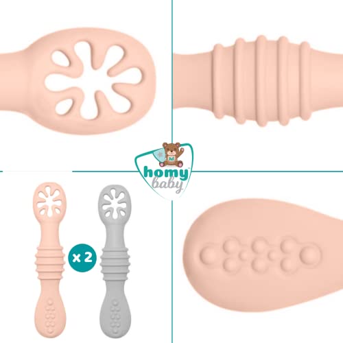 HOMYBABY® Precucharas bebe silicona - Cuchara BLW aprendizaje antibacteriana - Pack de 2 pre cucharas ergonómicas para bebe - Precucharas de aprendizaje para bebés en 2 etapas desde 6 meses (Set B)