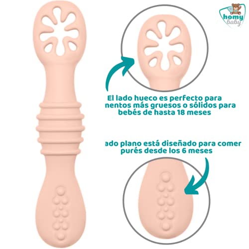 HOMYBABY® Precucharas bebe silicona - Cuchara BLW aprendizaje antibacteriana - Pack de 2 pre cucharas ergonómicas para bebe - Precucharas de aprendizaje para bebés en 2 etapas desde 6 meses (Set B)