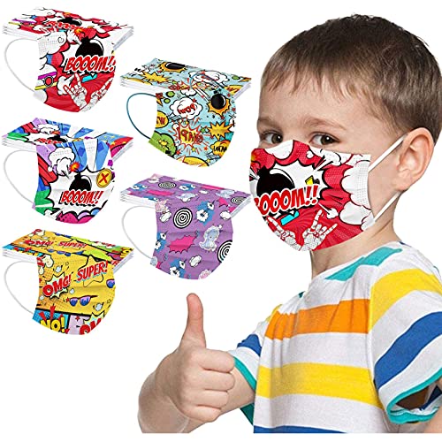 huelufi 50PC Niños Infantil para mascarillas , infantiles Colores desechable para mascarilla 3 Capas Surtidos,Dibujos Animados para Actividades Aire Libre, Patrón Escuela, Fiesta (A203)