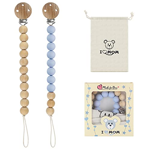 I LOVE MOM 2pcs Cadena Chupete Madera,Hecho de Cuentas de Madera y Cuentas de Silicona,Portachupete Bebe,Chupetero Madera,Cadenitas para Chupetes,Cadena para Chupetes con Clip de Madera(-14)