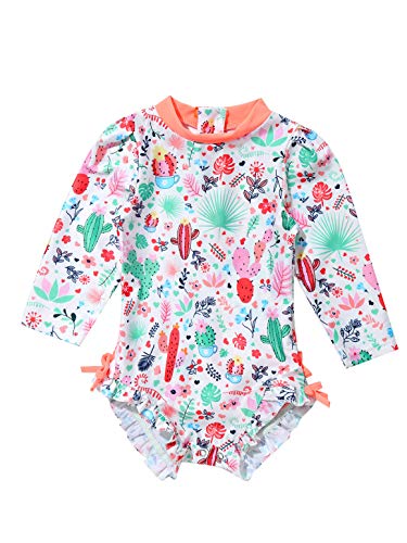 IEFIEL Traje de Baño Una Pieza Manga Larga Anti UV para Bebé Niña 0-24 Meses Bañador con Volantes Protección Solar Ropa de Natación Swimsuit Naranja 0-3 Meses