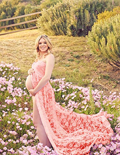 JENJON Mujer Embarazada Encaje Vestido de Fiesta Largos con Aberturas,Premamá Faldas Fotografía,Foto Shoot Dress de Maternidad Rosa S