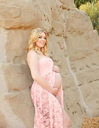 JENJON Mujer Embarazada Encaje Vestido de Fiesta Largos con Aberturas,Premamá Faldas Fotografía,Foto Shoot Dress de Maternidad Rosa S