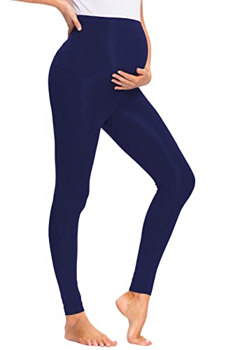 JMITHA Leggings para Premamá Largos, Algodón Super Cómodas Polainas de Maternidad Ropa Deporte Embarazo Pantalones Mujer Elástico Opaco Cintura Alta Polainas Maternidad Delgada (Azul, S)