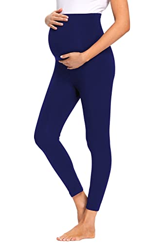 JMITHA Leggings para Premamá Largos, Algodón Super Cómodas Polainas de Maternidad Ropa Deporte Embarazo Pantalones Mujer Elástico Opaco Cintura Alta Polainas Maternidad Delgada (Azul, S)