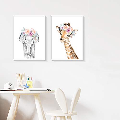 Juego de 3 Impresiones Elefante Jirafa Gato con Coronas de Flores Cuadro Infantiles para Habitacion Animales Laminas Decorativas Imagen de Niños Bebe Regalo Lienzo Sin Marco PTAN004-M