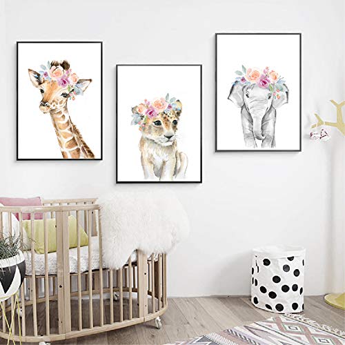 Juego de 3 Impresiones Elefante Jirafa Gato con Coronas de Flores Cuadro Infantiles para Habitacion Animales Laminas Decorativas Imagen de Niños Bebe Regalo Lienzo Sin Marco PTAN004-M