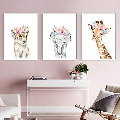 Juego de 3 Impresiones Elefante Jirafa Gato con Coronas de Flores Cuadro Infantiles para Habitacion Animales Laminas Decorativas Imagen de Niños Bebe Regalo Lienzo Sin Marco PTAN004-M