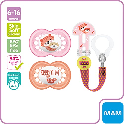 Juego de chupetes MAM Original Day & Night, 4 tetinas MAM Original Day y 4 chupetes luminosos MAM Original Night para dientes sanos, correa Clip-it, desde 6 meses, rosa