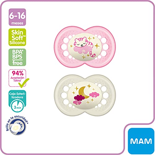 Juego de chupetes MAM Original Day & Night, 4 tetinas MAM Original Day y 4 chupetes luminosos MAM Original Night para dientes sanos, correa Clip-it, desde 6 meses, rosa