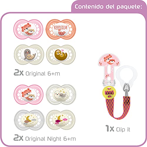 Juego de chupetes MAM Original Day & Night, 4 tetinas MAM Original Day y 4 chupetes luminosos MAM Original Night para dientes sanos, correa Clip-it, desde 6 meses, rosa