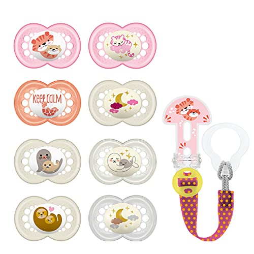 Juego de chupetes MAM Original Day & Night, 4 tetinas MAM Original Day y 4 chupetes luminosos MAM Original Night para dientes sanos, correa Clip-it, desde 6 meses, rosa