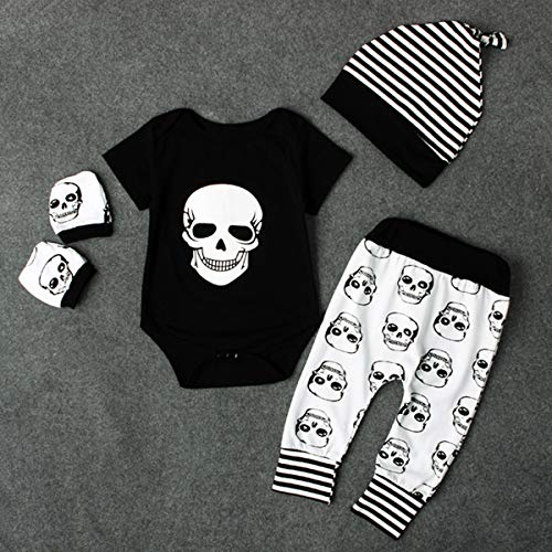 Juego de ropa de bebé para recién nacido (body, pantalones, gorro, manoplas) con diseño de calavera de Halloween Black+White Talla:6-12 meses