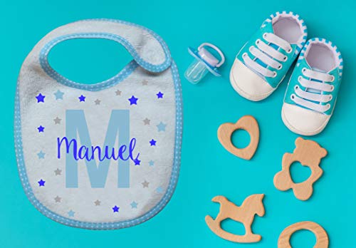 Kembilove Babero Personalizado Estrellas con Nombre - Regalos Babero Estrellas azul niño o Recién Nacido - Varios Diseños a Elegir