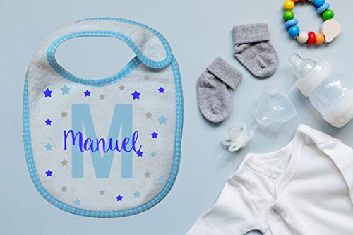 Kembilove Babero Personalizado Estrellas con Nombre - Regalos Babero Estrellas azul niño o Recién Nacido - Varios Diseños a Elegir