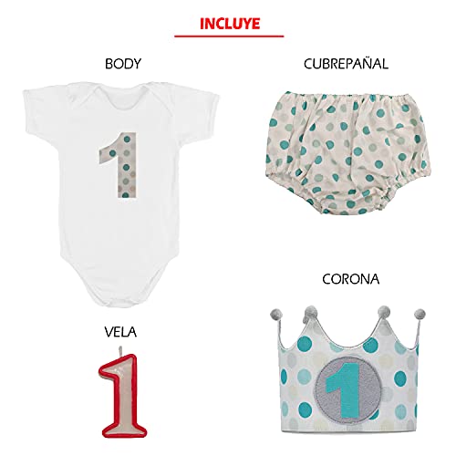 Kembilove Conjunto Cumpleaños Personalizado de 4 piezas para Bebé de 1 año – Corona, Body, Tutu y Vela – Disfraz para sesiones de fotos de Cumpleaños – Regalos Originales Lunares Azul de 9-12 M