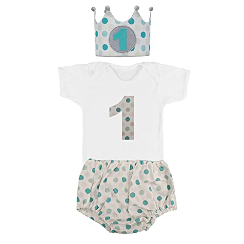 Kembilove Conjunto Cumpleaños Personalizado de 4 piezas para Bebé de 1 año – Corona, Body, Tutu y Vela – Disfraz para sesiones de fotos de Cumpleaños – Regalos Originales Lunares Azul de 9-12 M