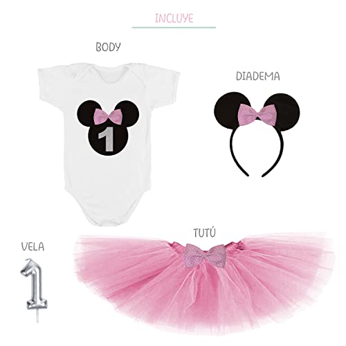 Kembilove Vestido bebe fiesta – Traje primer cumpleaños niña – Tutu bebe niña – Conjunto 3 piezas ropa de unicornios para niñas Manga Corta – Primer cumpleaños niña Minnie Rosa