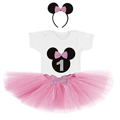 Kembilove Vestido bebe fiesta – Traje primer cumpleaños niña – Tutu bebe niña – Conjunto 3 piezas ropa de unicornios para niñas Manga Corta – Primer cumpleaños niña Minnie Rosa