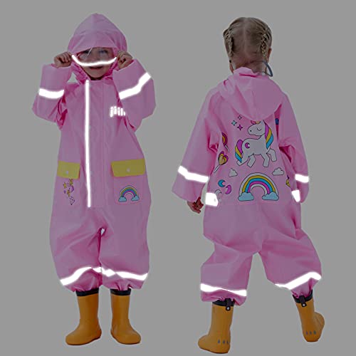 Keyck Chubasquero Impermeable Niño Niña Mono De Bolsillo Lluvia Reflectante Transpirable Encapuchado Reutilizable Chaqueta Lluvia Capucha Dibujos Unicornio Animados 2-4 años (Rosa)