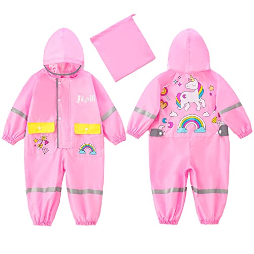 Keyck Chubasquero Impermeable Niño Niña Mono De Bolsillo Lluvia Reflectante Transpirable Encapuchado Reutilizable Chaqueta Lluvia Capucha Dibujos Unicornio Animados 2-4 años (Rosa)