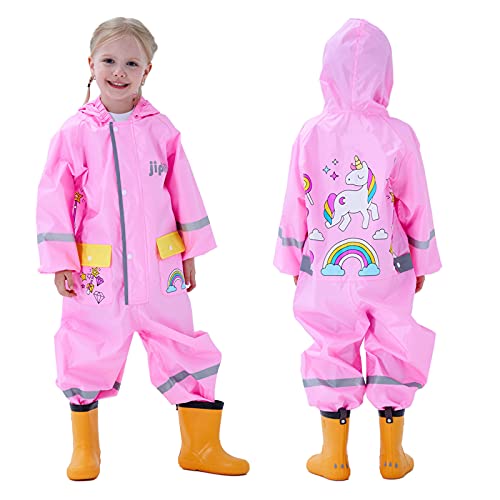 Keyck Chubasquero Impermeable Niño Niña Mono De Bolsillo Lluvia Reflectante Transpirable Encapuchado Reutilizable Chaqueta Lluvia Capucha Dibujos Unicornio Animados 2-4 años (Rosa)