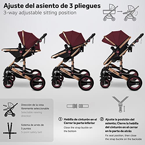 KIDUKU® Carrito de Bebé 3 en 1 | Silla de Paseo para Niños | Carricoche de 3 Piezas | Capazo, Cambiador, Cubrepiés | Sillita Coche Ligera Infantil (Burdeos/Cobre dorado)