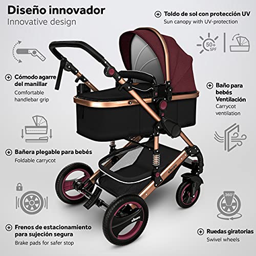 KIDUKU® Carrito de Bebé 3 en 1 | Silla de Paseo para Niños | Carricoche de 3 Piezas | Capazo, Cambiador, Cubrepiés | Sillita Coche Ligera Infantil (Burdeos/Cobre dorado)