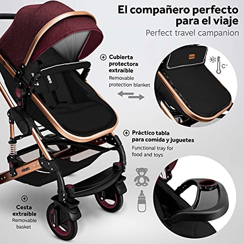 KIDUKU® Carrito de Bebé 3 en 1 | Silla de Paseo para Niños | Carricoche de 3 Piezas | Capazo, Cambiador, Cubrepiés | Sillita Coche Ligera Infantil (Burdeos/Cobre dorado)