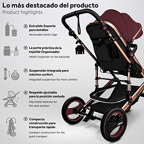 KIDUKU® Carrito de Bebé 3 en 1 | Silla de Paseo para Niños | Carricoche de 3 Piezas | Capazo, Cambiador, Cubrepiés | Sillita Coche Ligera Infantil (Burdeos/Cobre dorado)