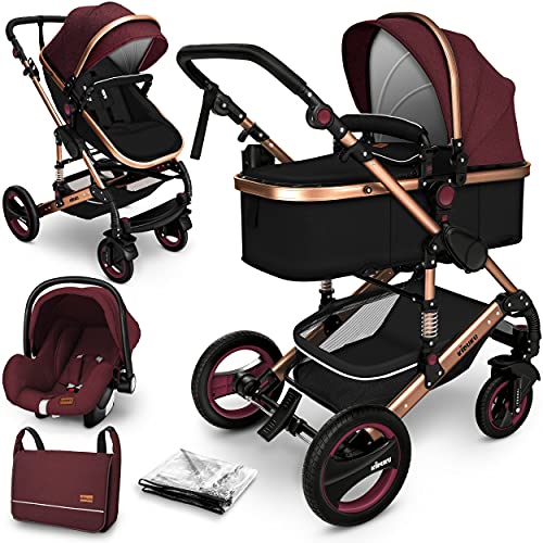 KIDUKU® Carrito de Bebé 3 en 1 | Silla de Paseo para Niños | Carricoche de 3 Piezas | Capazo, Cambiador, Cubrepiés | Sillita Coche Ligera Infantil (Burdeos/Cobre dorado)