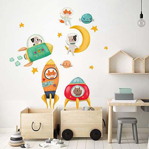 kina R00510 Pegatina Pared Suave Efecto Tejido Reposicionable Animales Nave Espacial Decoración Pared Niño Bebé Habitación Infantil Papel Pintado Adhesivo