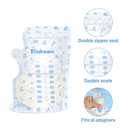 Kisdream Bolsas de Almacenamiento de Leche Materna, 100 uds, 240ml, Pre- Esterilizadas, sin BPA, con Área de Etiquetado, Conservar y Congelar, Doble Cremallera, Adapta a Todos los Adaptadores