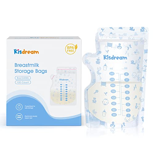 Kisdream Bolsas de Almacenamiento de Leche Materna, 100 uds, 240ml, Pre- Esterilizadas, sin BPA, con Área de Etiquetado, Conservar y Congelar, Doble Cremallera, Adapta a Todos los Adaptadores