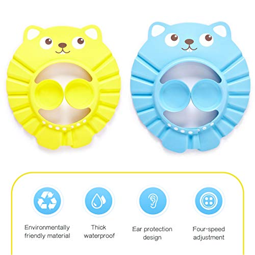 Kitchen-dream Gorro de Ducha Bebé, 2pcs Ajustable Impermeable Champú Caps Shield, Protección para niños Sombrero de orejera para el cuidado del bebé para niños pequeños -Amarillo, Azul