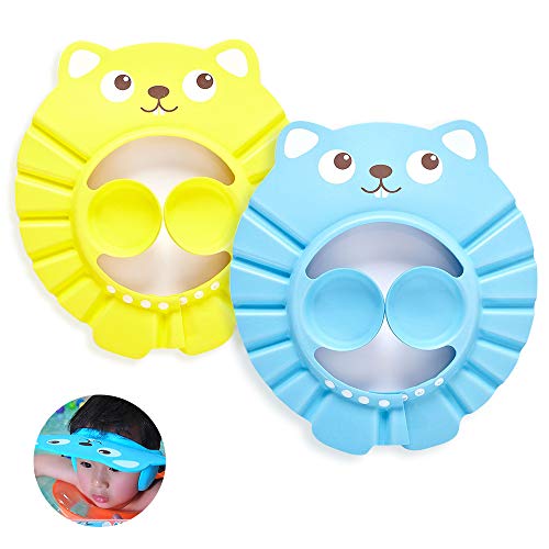 Kitchen-dream Gorro de Ducha Bebé, 2pcs Ajustable Impermeable Champú Caps Shield, Protección para niños Sombrero de orejera para el cuidado del bebé para niños pequeños -Amarillo, Azul