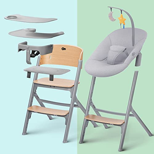 kk KinderKraft Trona para bebés LIVY + Hamaca Bebé CALMEE, Silla para toda familia, hasta 110 kg, Ajustable, Madera