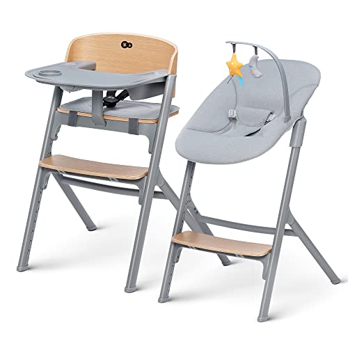 kk KinderKraft Trona para bebés LIVY + Hamaca Bebé CALMEE, Silla para toda familia, hasta 110 kg, Ajustable, Madera