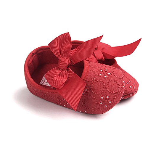 Lacofia Zapatos de Bautizo con Suela Suave Antideslizante Princesa Arco de bebé niñas Rojo 6-12 Meses