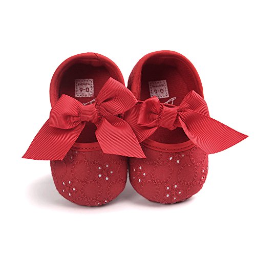 Lacofia Zapatos de Bautizo con Suela Suave Antideslizante Princesa Arco de bebé niñas Rojo 6-12 Meses