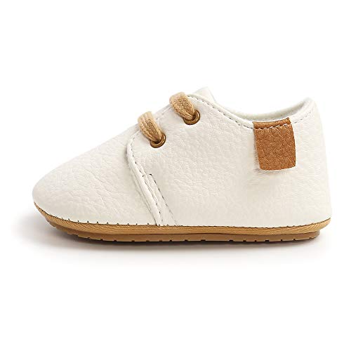 LACOFIA Zapatos Oxford con Cordones para Bebé Niños Zapatillas Primeros Pasos Antideslizantes para Bebés Blanco 6-12 Meses