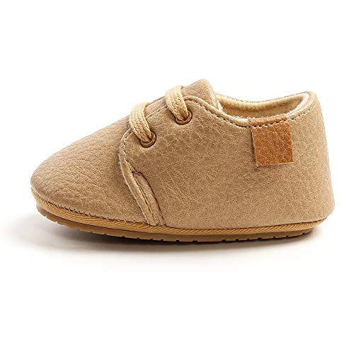 LACOFIA Zapatos Oxford con Cordones para Bebé Niños Zapatillas Primeros Pasos Antideslizantes para Bebés Caqui 6-12 Meses