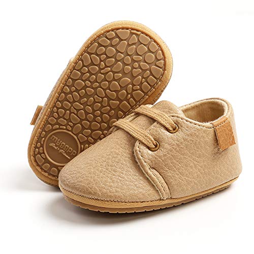 LACOFIA Zapatos Oxford con Cordones para Bebé Niños Zapatillas Primeros Pasos Antideslizantes para Bebés Caqui 6-12 Meses