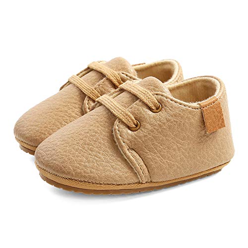 LACOFIA Zapatos Oxford con Cordones para Bebé Niños Zapatillas Primeros Pasos Antideslizantes para Bebés Caqui 6-12 Meses