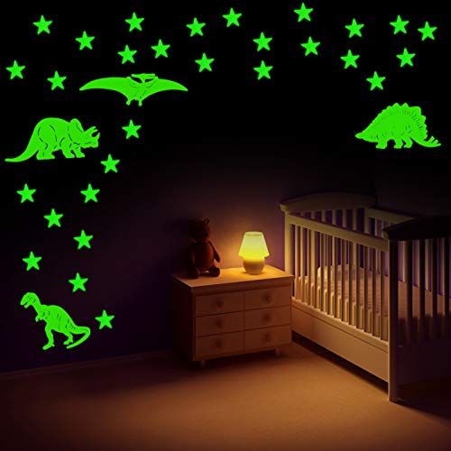 LAITER (16 Dinosaurios + 100 Estrellas Luminosas Pegatinas de Pared) Fluorescente de Plástico PVC Ecológico Adhesivos para Decoración de Pared en Dormitorio de Niños Chicos Niñas Bebé