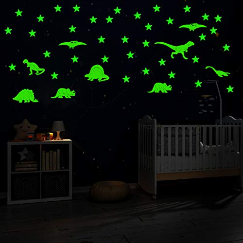 LAITER (16 Dinosaurios + 100 Estrellas Luminosas Pegatinas de Pared) Fluorescente de Plástico PVC Ecológico Adhesivos para Decoración de Pared en Dormitorio de Niños Chicos Niñas Bebé